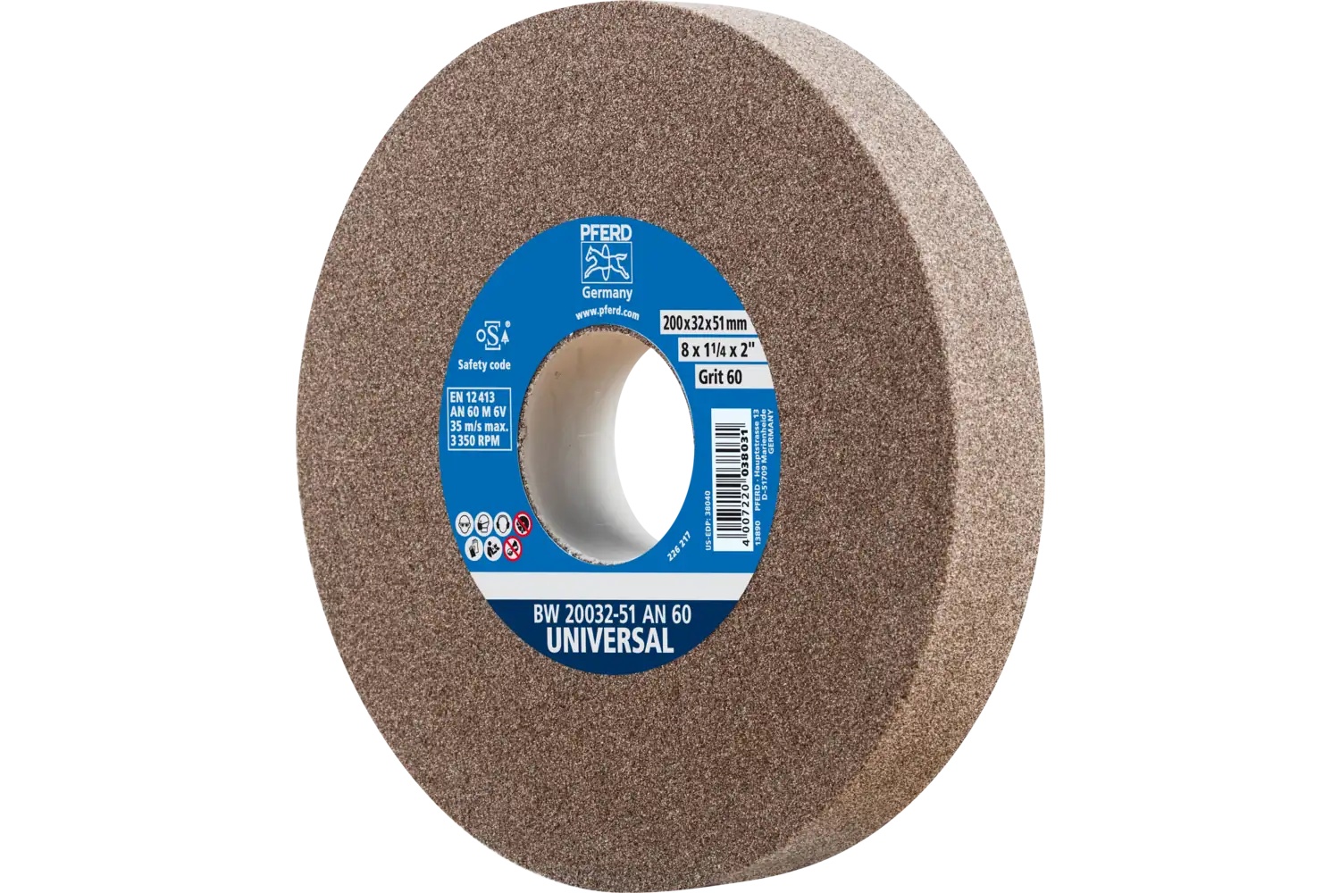 Picture of Pferd Vitrified Bench Wheel, Universal, 8" X 1-1/4 X 2, 36 Grit, Aluminum Oxide